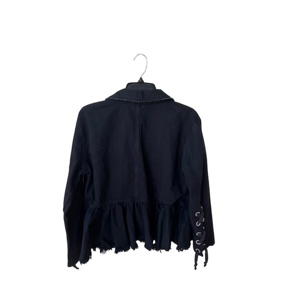Free People Black Denim Peplum Jacket Sz S Lace-Up Sleeve Boho Grunge y2K - Picture 6 of 10